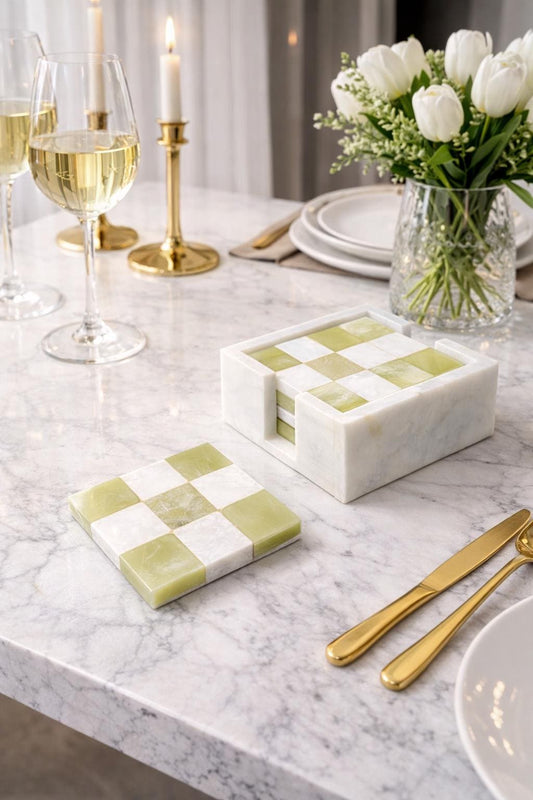 Onyx Green & White Marble Coasters: Check Design, Set of 6 - GOFIRE OUTLET