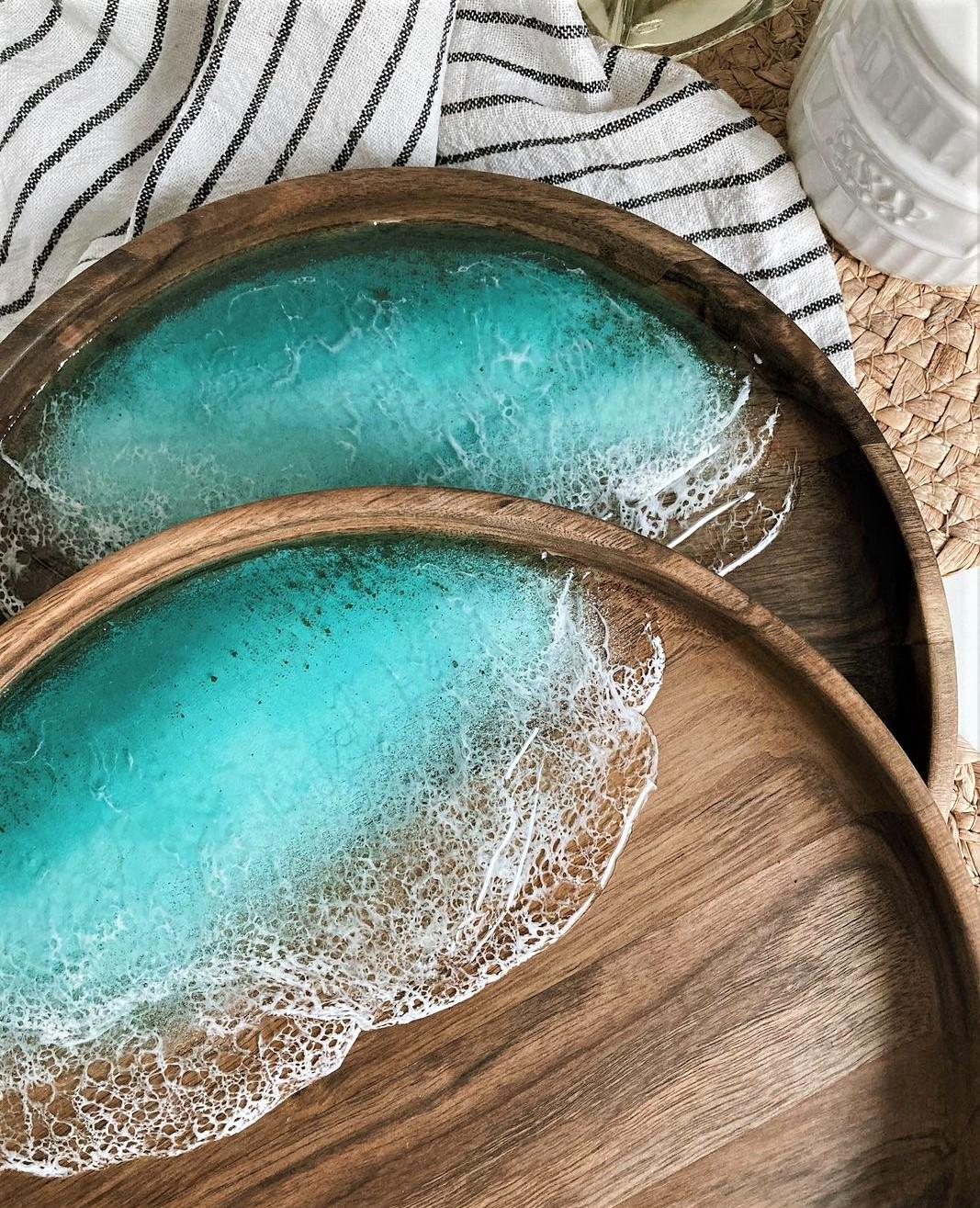 Personalized Ocean Resin Art Wooden Tray, Acacia Wood Tray, Customized Ocean Art Tray, Ocean Art Wooden Plate, Decorative Tray, Home Décor - GOFIRE OUTLET