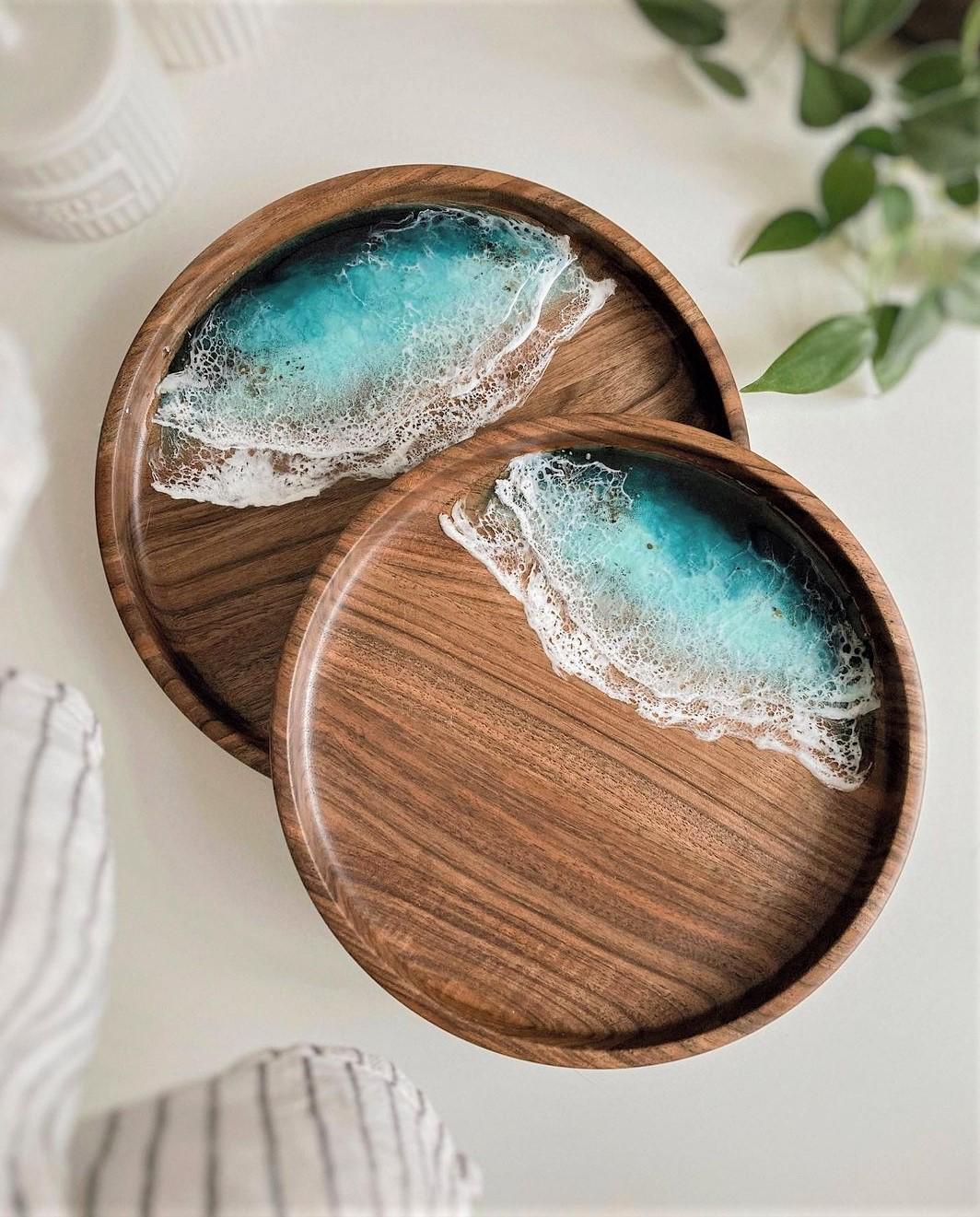 Personalized Ocean Resin Art Wooden Tray, Acacia Wood Tray, Customized Ocean Art Tray, Ocean Art Wooden Plate, Decorative Tray, Home Décor - GOFIRE OUTLET