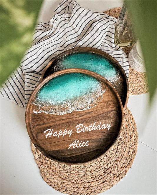 Personalized Ocean Resin Art Wooden Tray, Acacia Wood Tray, Customized Ocean Art Tray, Ocean Art Wooden Plate, Decorative Tray, Home Décor - GOFIRE OUTLET