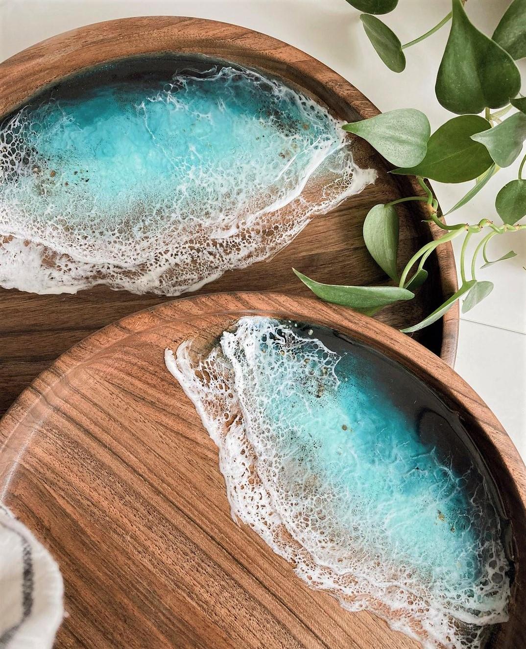 Personalized Ocean Resin Art Wooden Tray, Acacia Wood Tray, Customized Ocean Art Tray, Ocean Art Wooden Plate, Decorative Tray, Home Décor - GOFIRE OUTLET