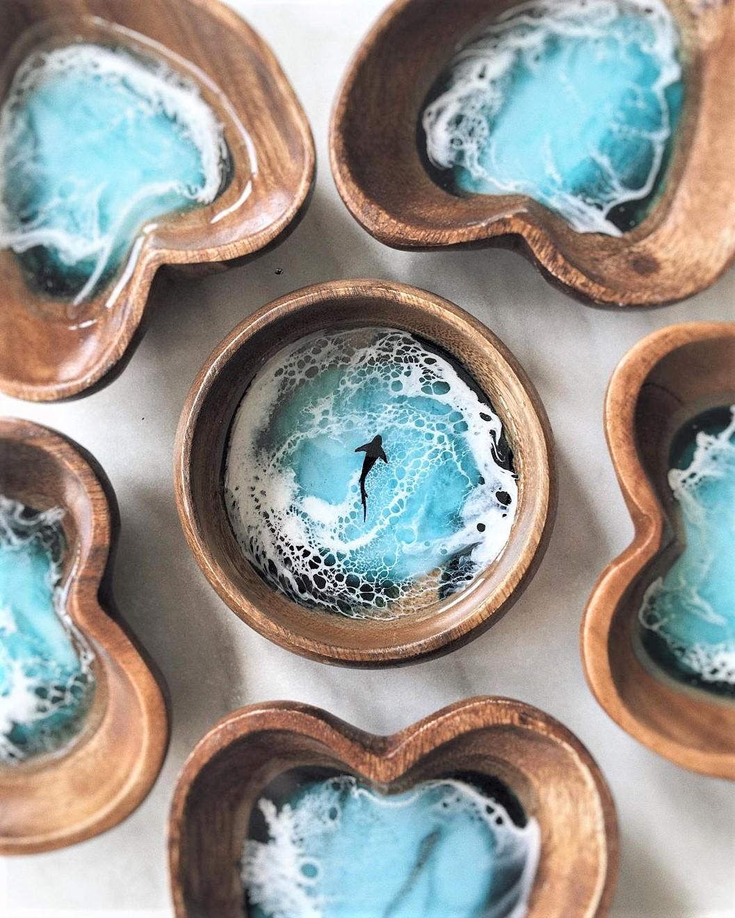Personalized Ocean Resin Trinket Bowl, Wooden Trinket Bowl, Ocean Resin Trinket Dish, Acacia Wood Bowl with Ocean Resin for Jewelry Storage - GOFIRE OUTLET