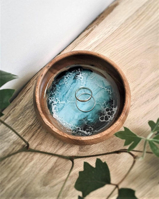 Personalized Ocean Resin Trinket Bowl, Wooden Trinket Bowl, Ocean Resin Trinket Dish, Acacia Wood Bowl with Ocean Resin for Jewelry Storage - GOFIRE OUTLET
