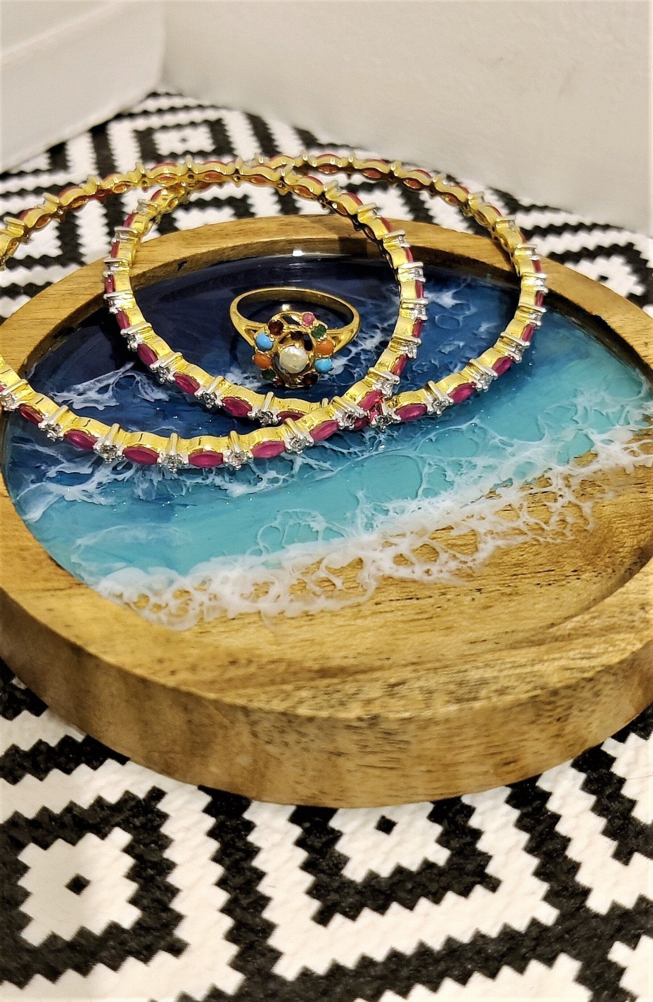 Trinket Dish for Jewelry, Ocean Resin Art Trinket Wooden Dish, Acacia Wood Dish for Jewelry Storage, Personalized Trinket Dish - GOFIRE OUTLET