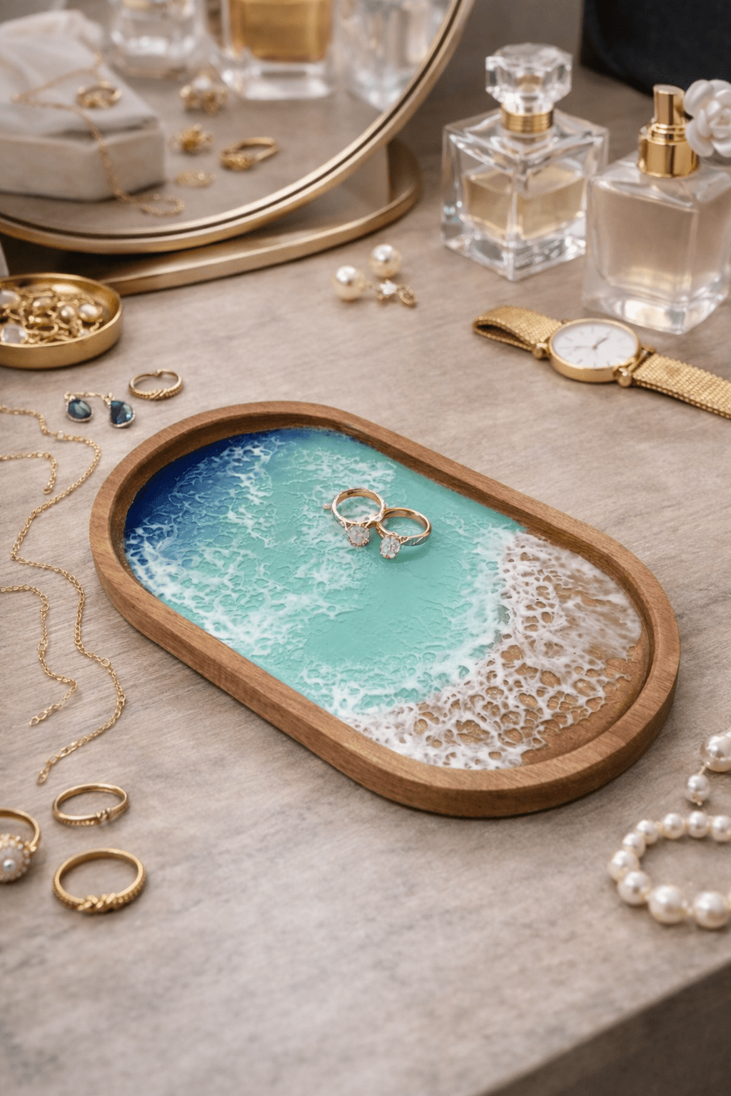 Trinket Dish for Jewelry, Ocean Resin Art Trinket Wooden Dish, Acacia Wood Dish for Jewelry Storage, Personalized Trinket Dish - GOFIRE OUTLET