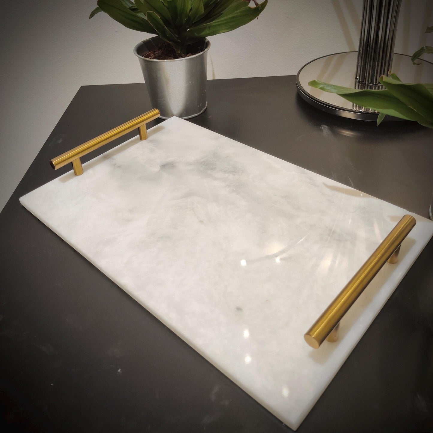 White Marble Tray with Gold Handles: Natural Finish Home Decor - GOFIRE OUTLET