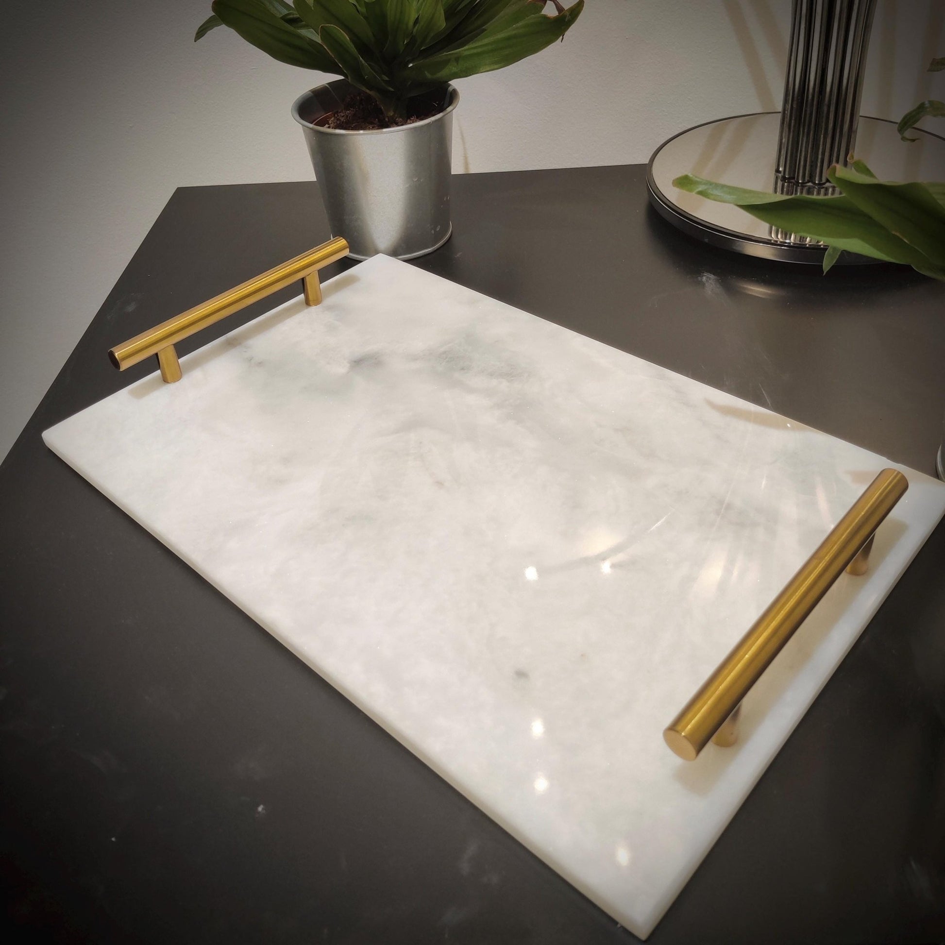 White Marble Tray with Gold Handles: Natural Finish Home Decor - GOFIRE OUTLET