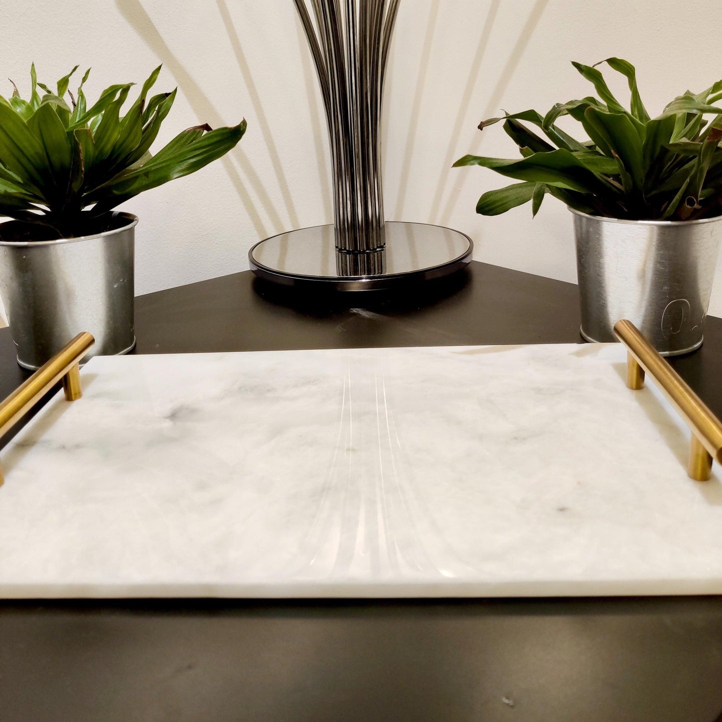 White Marble Tray with Gold Handles: Natural Finish Home Decor - GOFIRE OUTLET