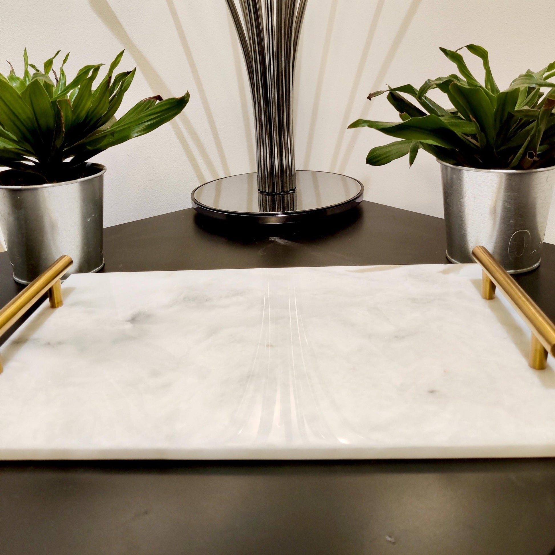 White Marble Tray with Gold Handles: Natural Finish Home Decor - GOFIRE OUTLET