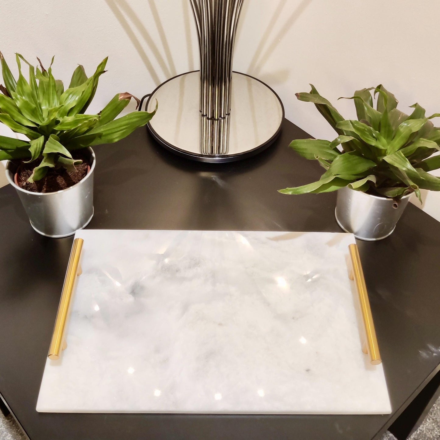 White Marble Tray with Gold Handles: Natural Finish Home Decor - GOFIRE OUTLET