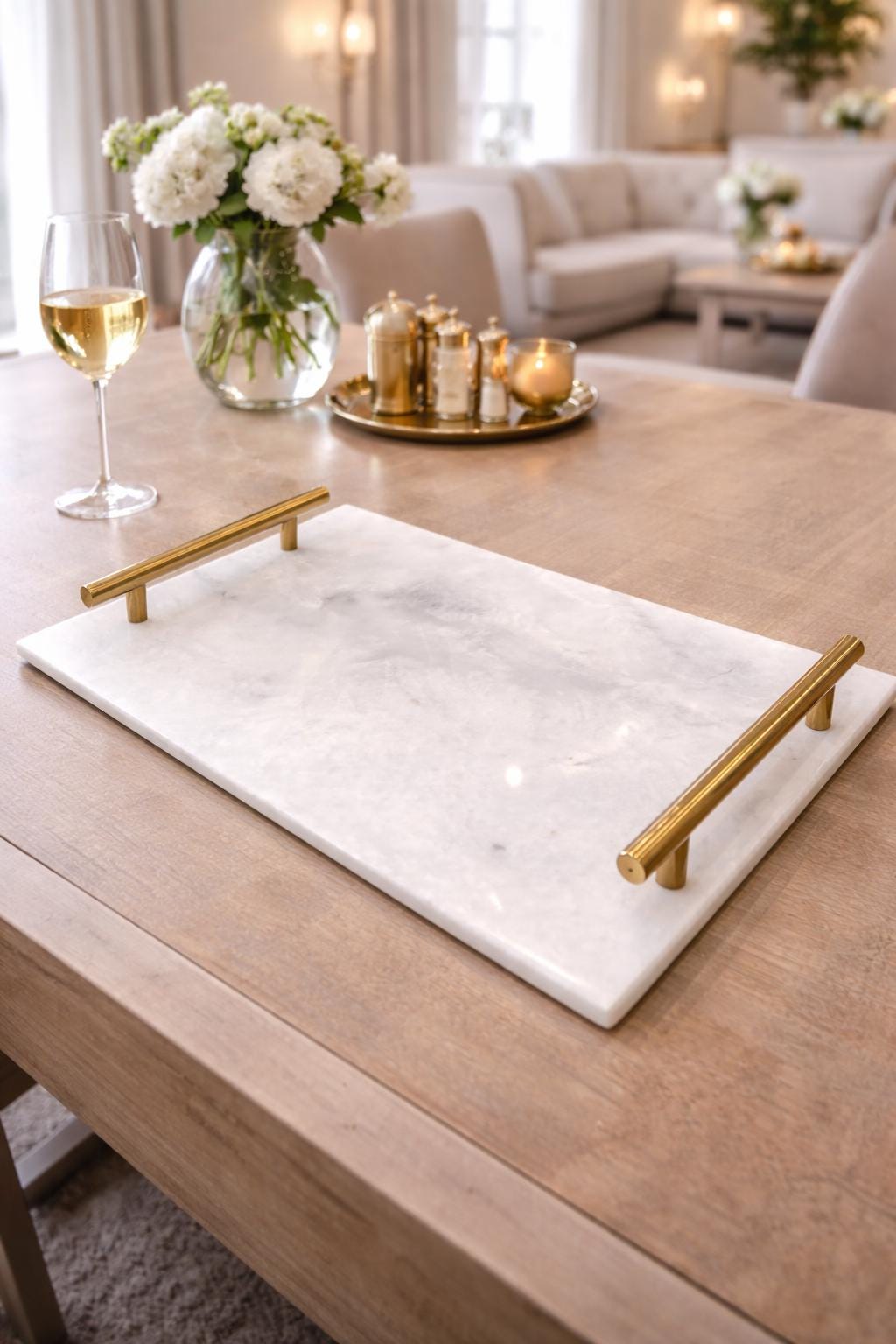 White Marble Tray with Gold Handles: Natural Finish Home Decor - GOFIRE OUTLET